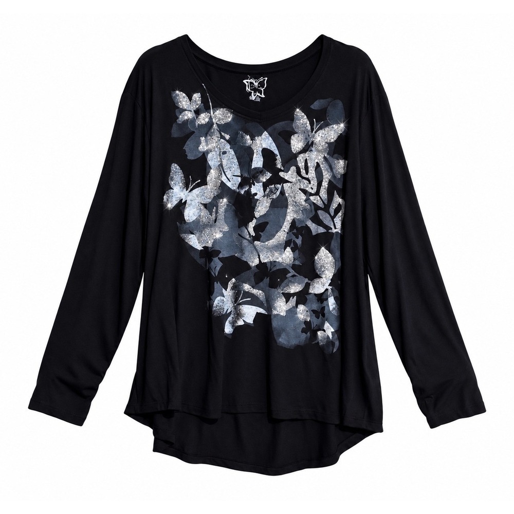 Just My Size Y2K Women 4X Black V Neck Long Sleeve T Shirt Butterfly Glitter